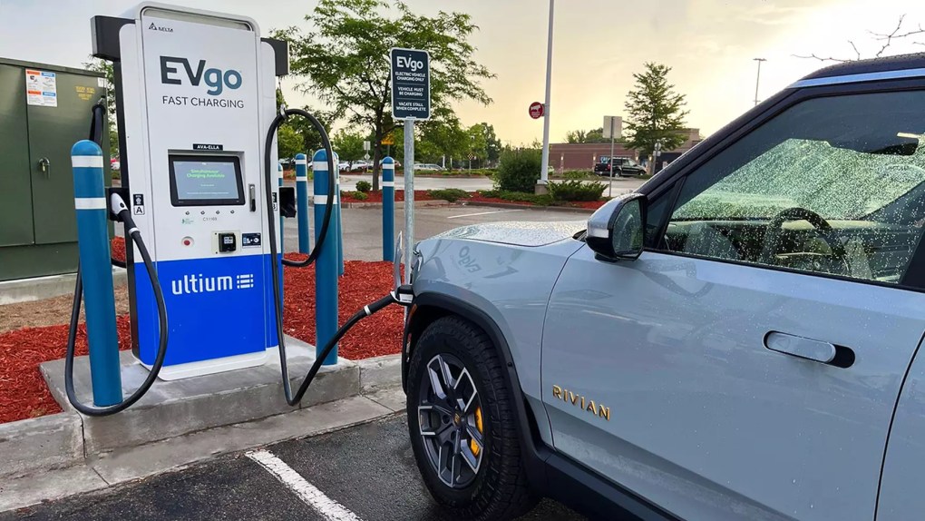 Rivian charging at an EVgo charger