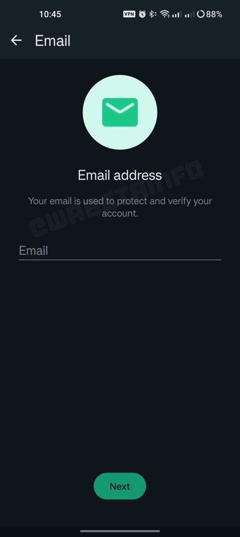 The new WhatsApp email security feature spotted in a beta version of the app.