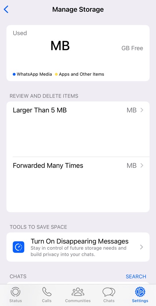 WhatsApp's Manage Storage settings menu shows you the files that are taking up space.