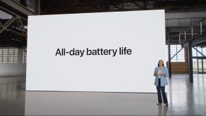 Apple advertises all-day battery life for iPhone 15 models.