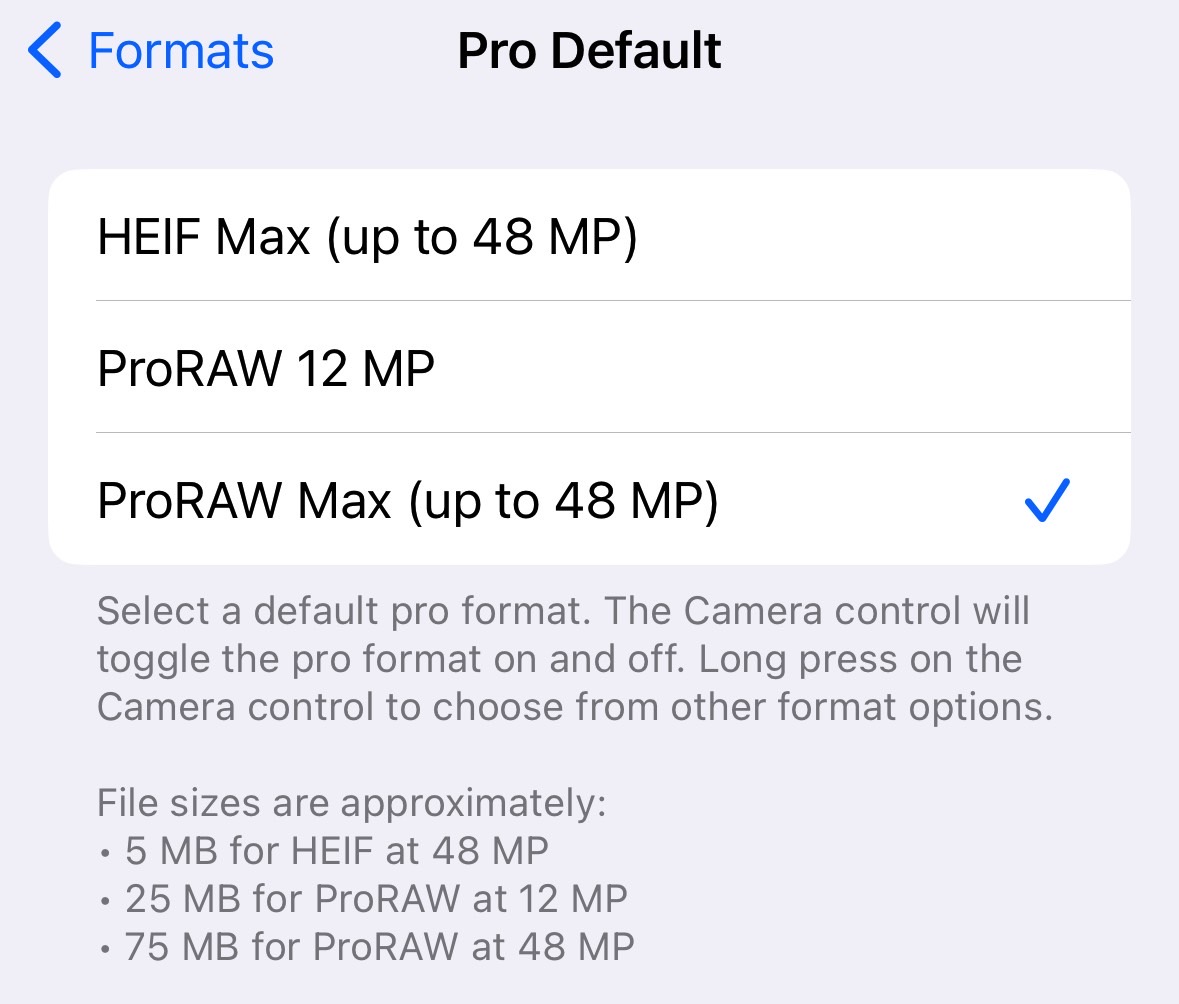 The new ProRAW camera modes on iPhone 14 Pro/Max after the iOS 17 update.