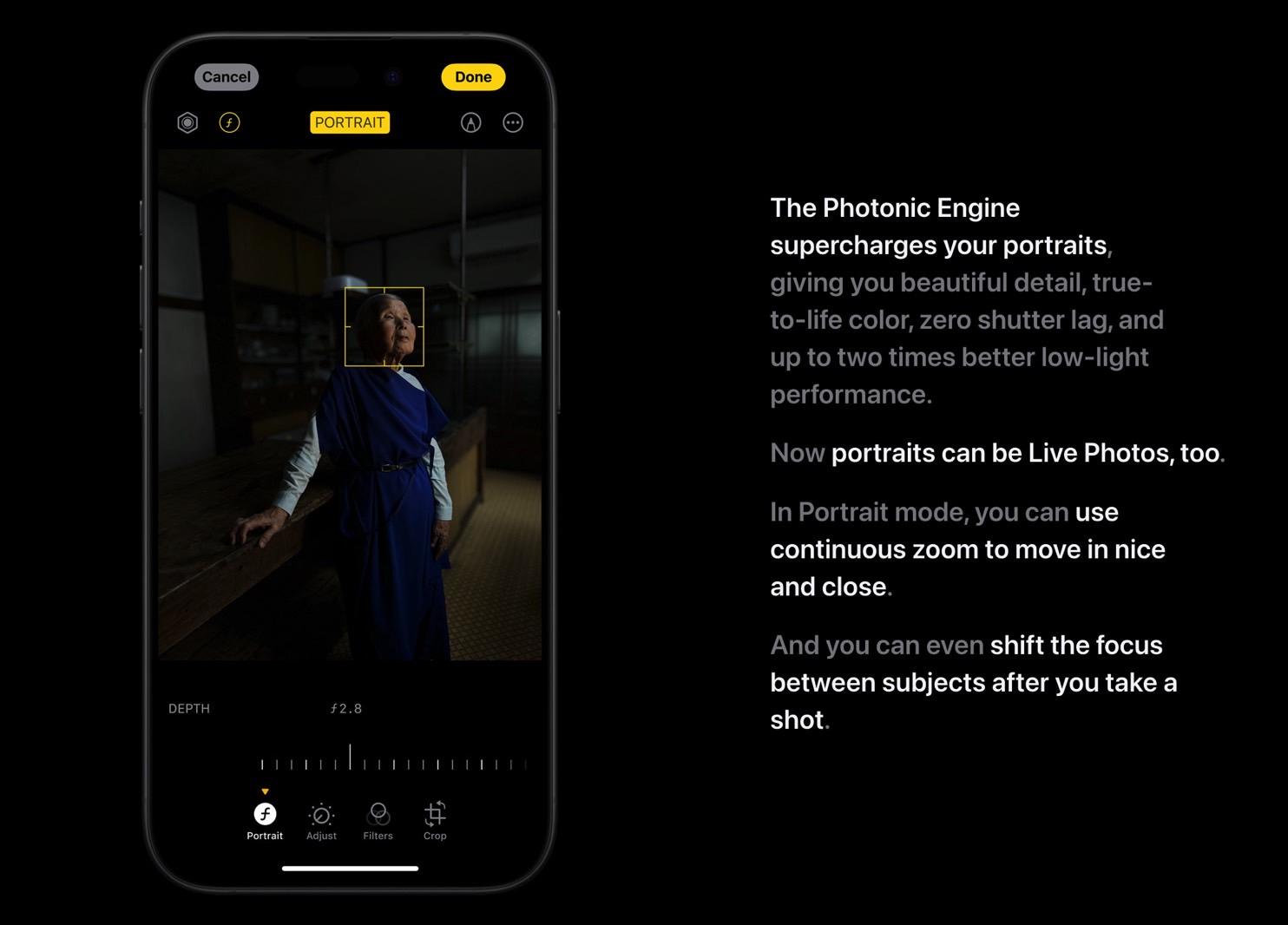 The new portrait editing features seen on an iPhone 15 Pro.