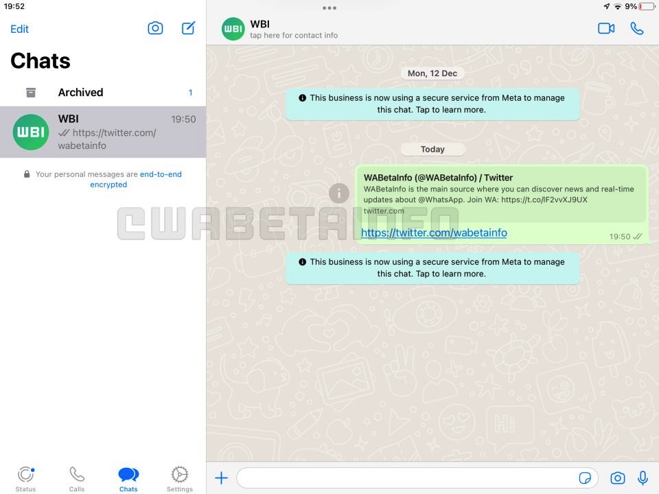 Screenshot showing the official WhatsApp for iPad app that Meta is testing in beta.