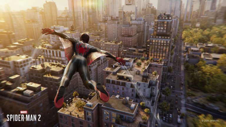 Miles Morales gliding through New York City.