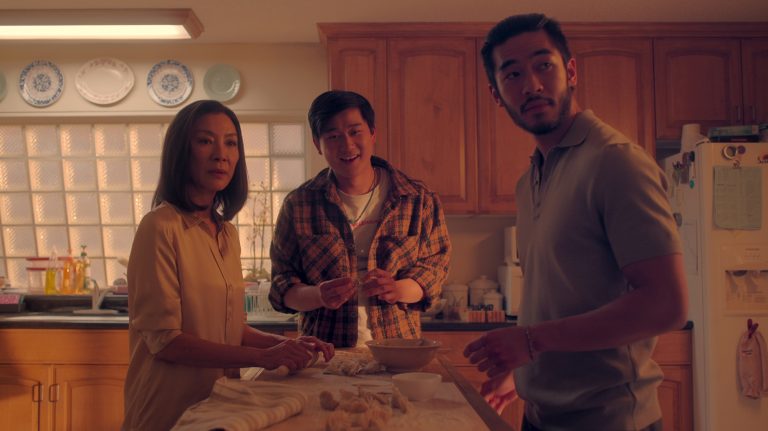 Michelle Yeoh as Mama Sun, Sam Song Li as Bruce Sun, Justin Chien as Charles Sun in The Brothers Sun.