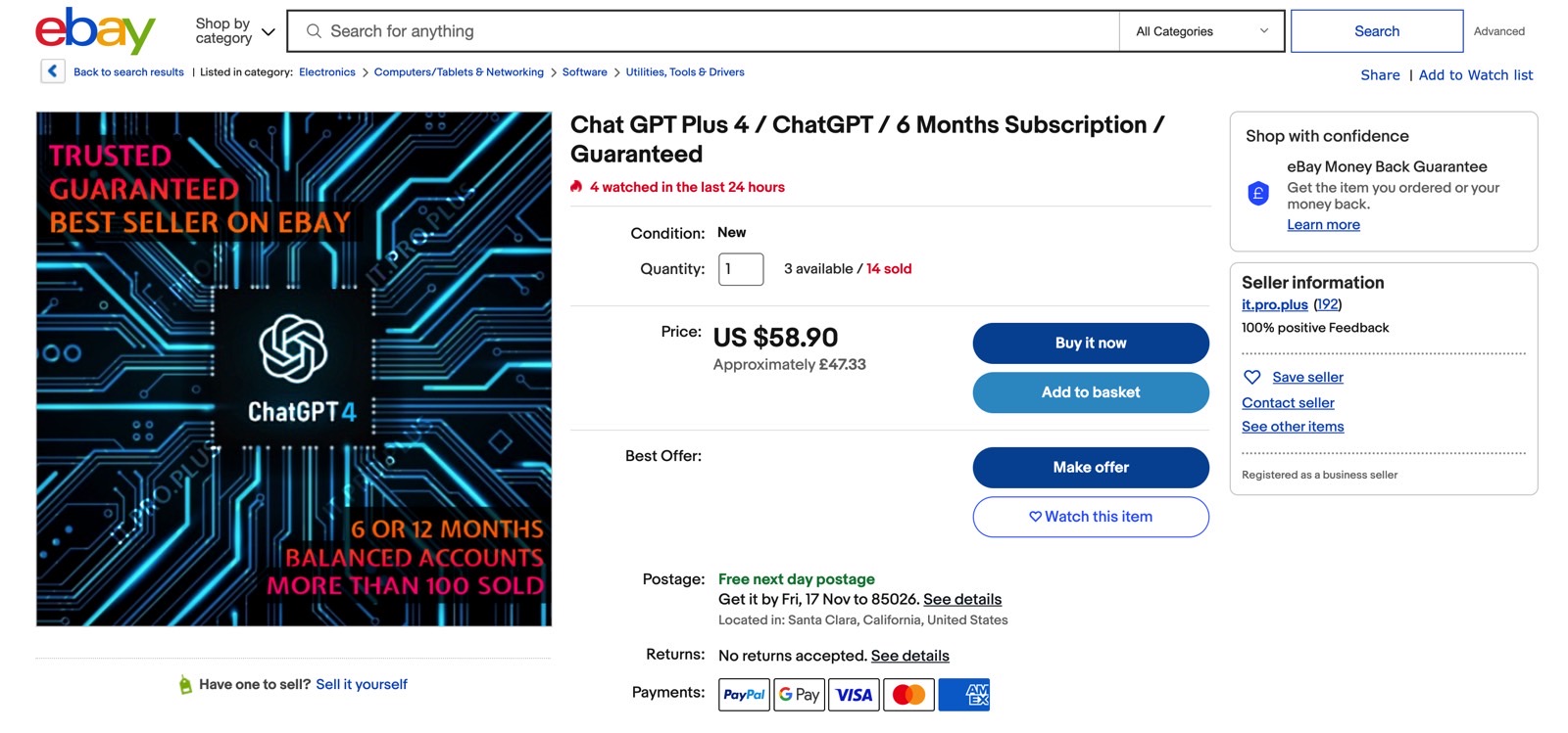 An eBay listing for ChatGPT Plus access.