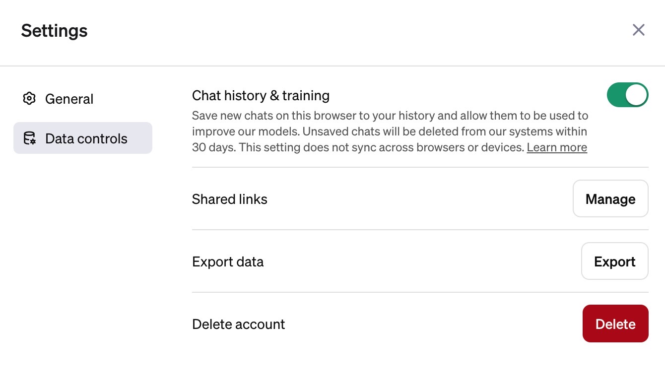 The default ChatGPT privacy settings.