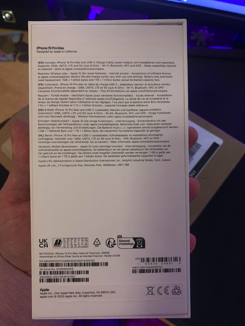 theEdmard's iPhone 15 Pro Max retail box - notice the serial number and IMEIs on the bottom.