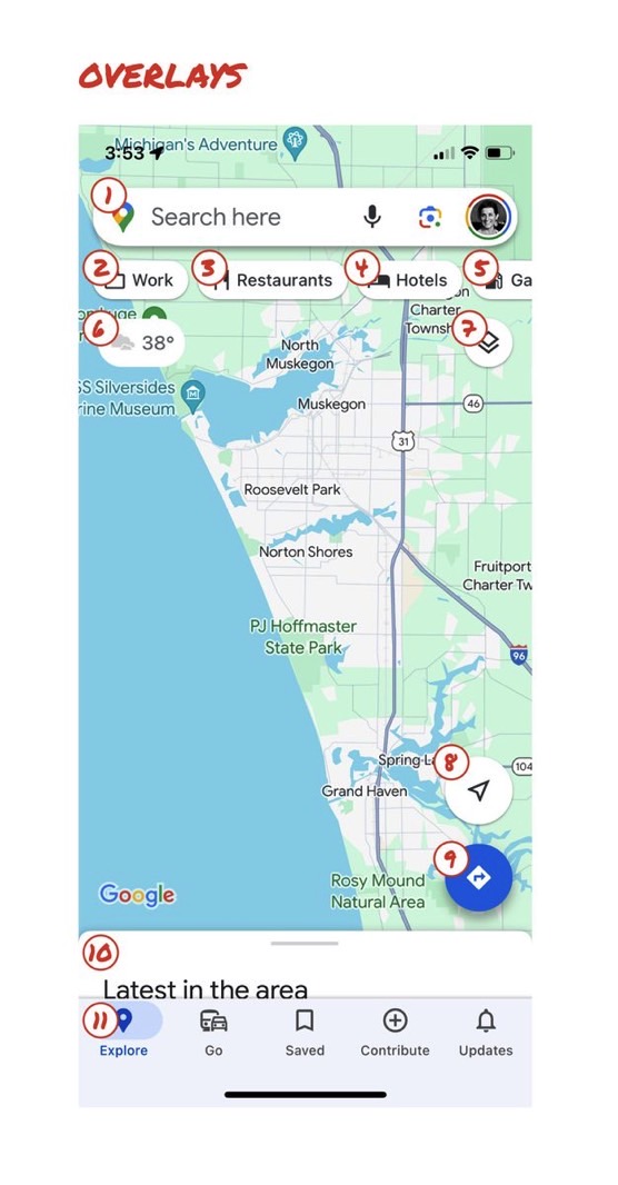 The late 2023 Google Maps redesign: UI layers and new colors.