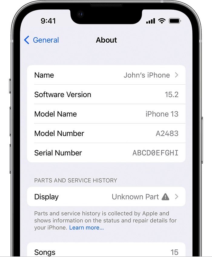 A warning on the iPhone 13 Pro informing you the display isn't a genuine part.