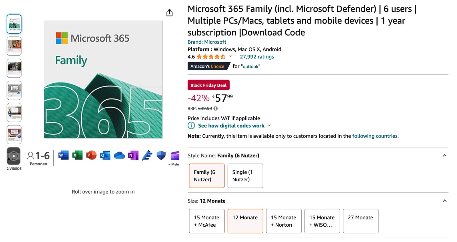 Microsoft 365 Family Black Friday deal: 12-month price on Amazon Germany.