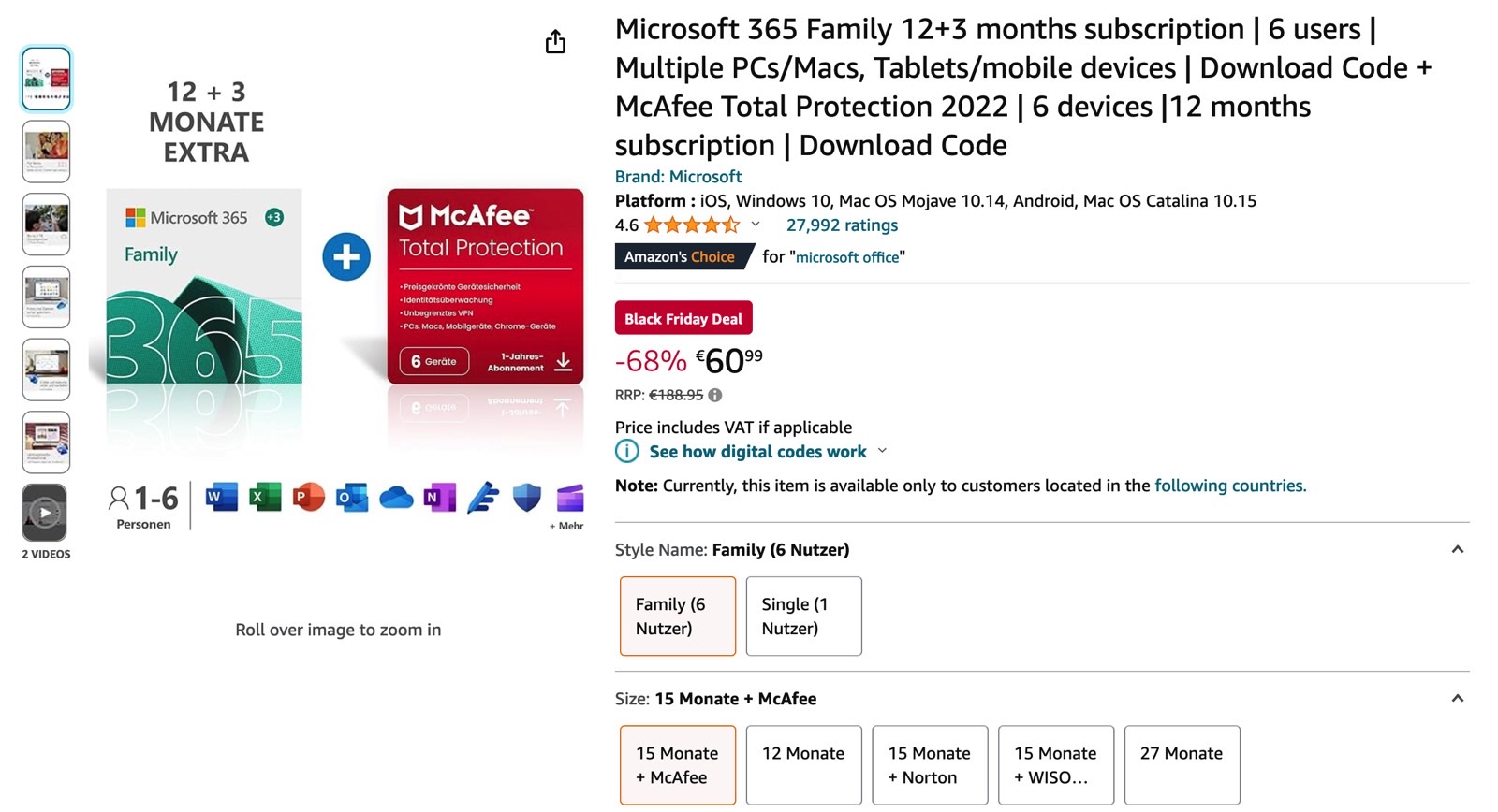 Microsoft 365 Family Black Friday deal: 15-month price (with McAfee antivirus) on Amazon Germany.