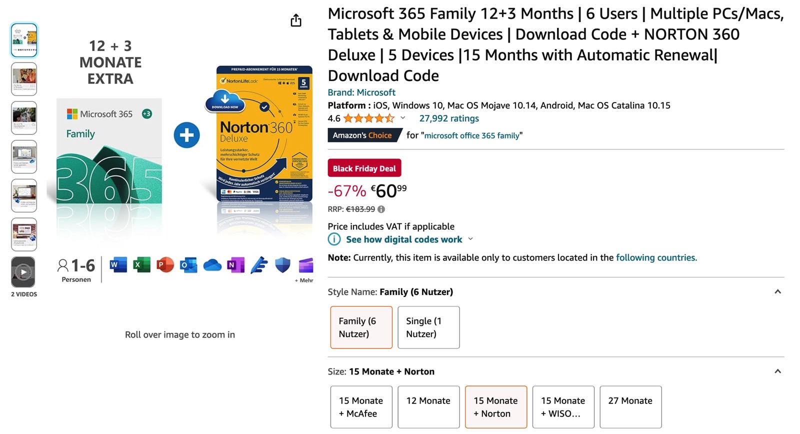 Microsoft 365 Family Black Friday deal: 15-month price (with Norton antivirus) on Amazon Germany.