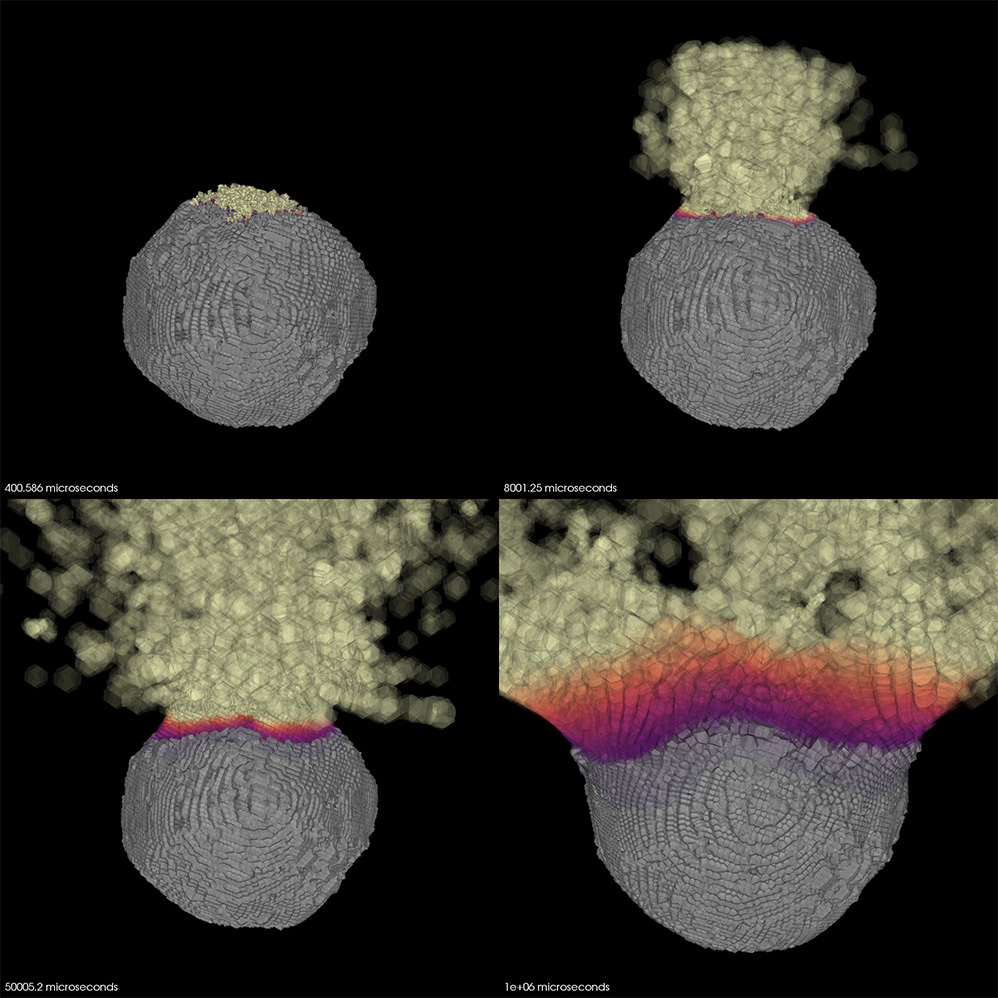 Simulation illustration showing how an asteroid might react to a nuclear explosion