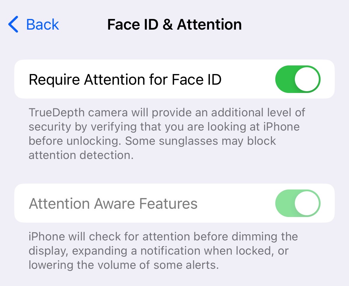 Require Attention for Face ID and Attention Aware Features toggles in the Face ID & Attention menu.