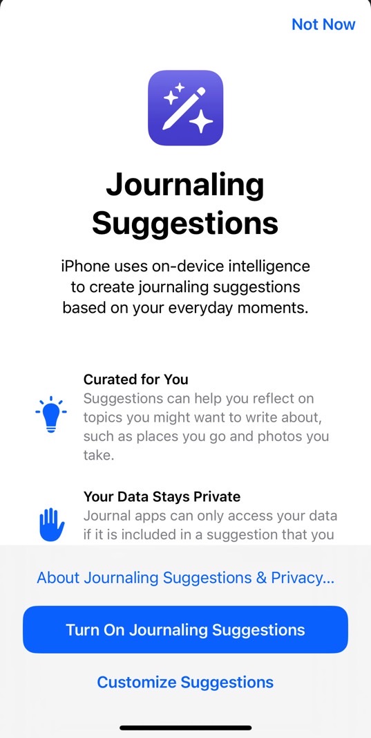 The Journal onboarding process informs you about smart suggestions.