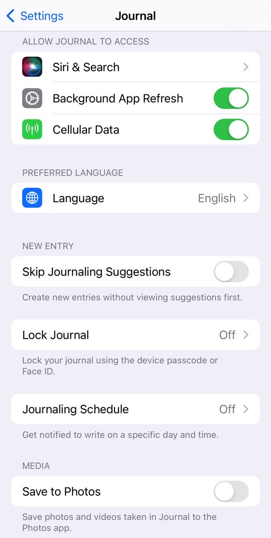 The iPhone settings lets you lock your Journal app with a password/Face ID.