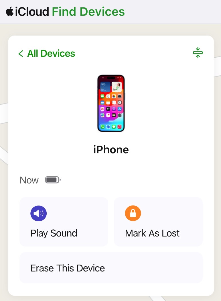 The iPhone I pretend is stolen shows up in Find My.