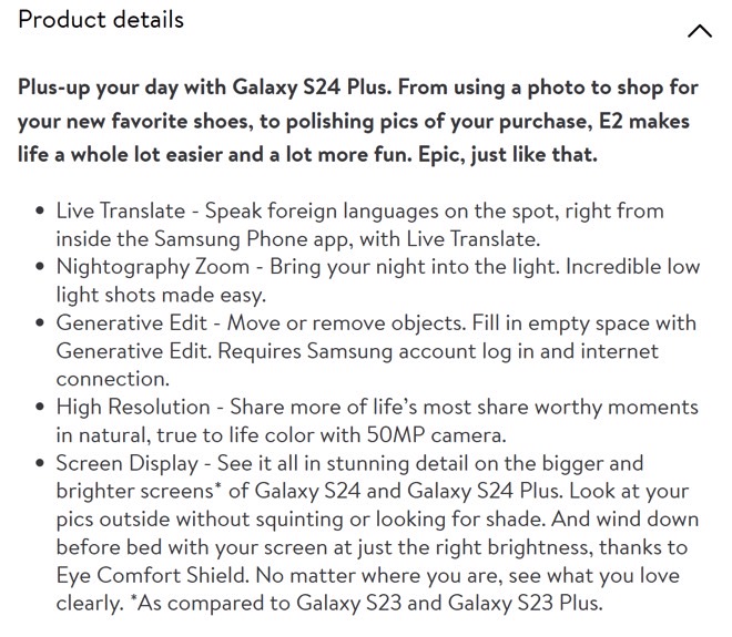 The Galaxy S24 Plus's AI features and main specs, according to Walmart.