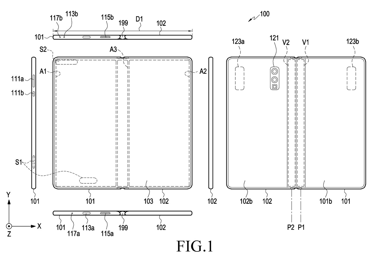 Illustration from Samsung USPTO patent number 11,889,006 might reveal the Galaxy Z Fold 6 design.