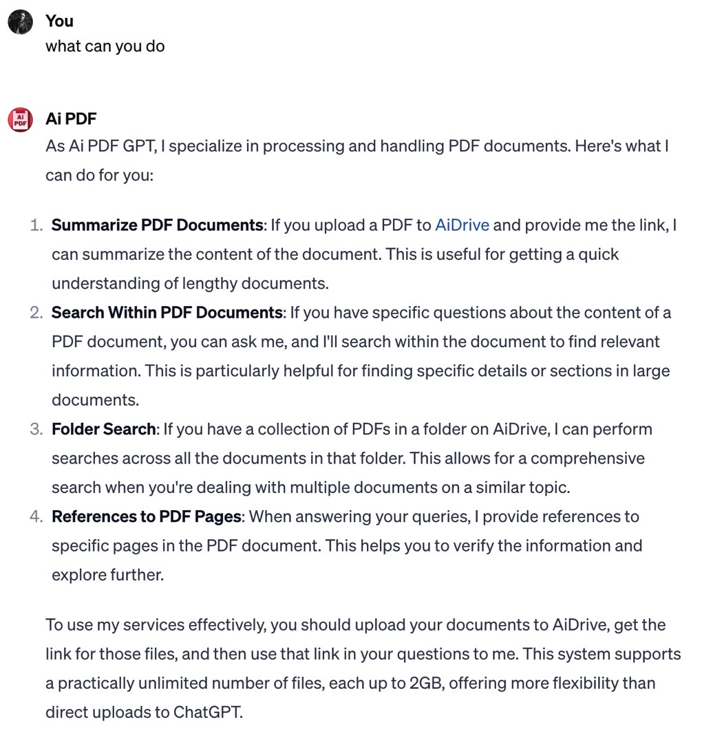 Interacting with a custom GPT called AI PDF.