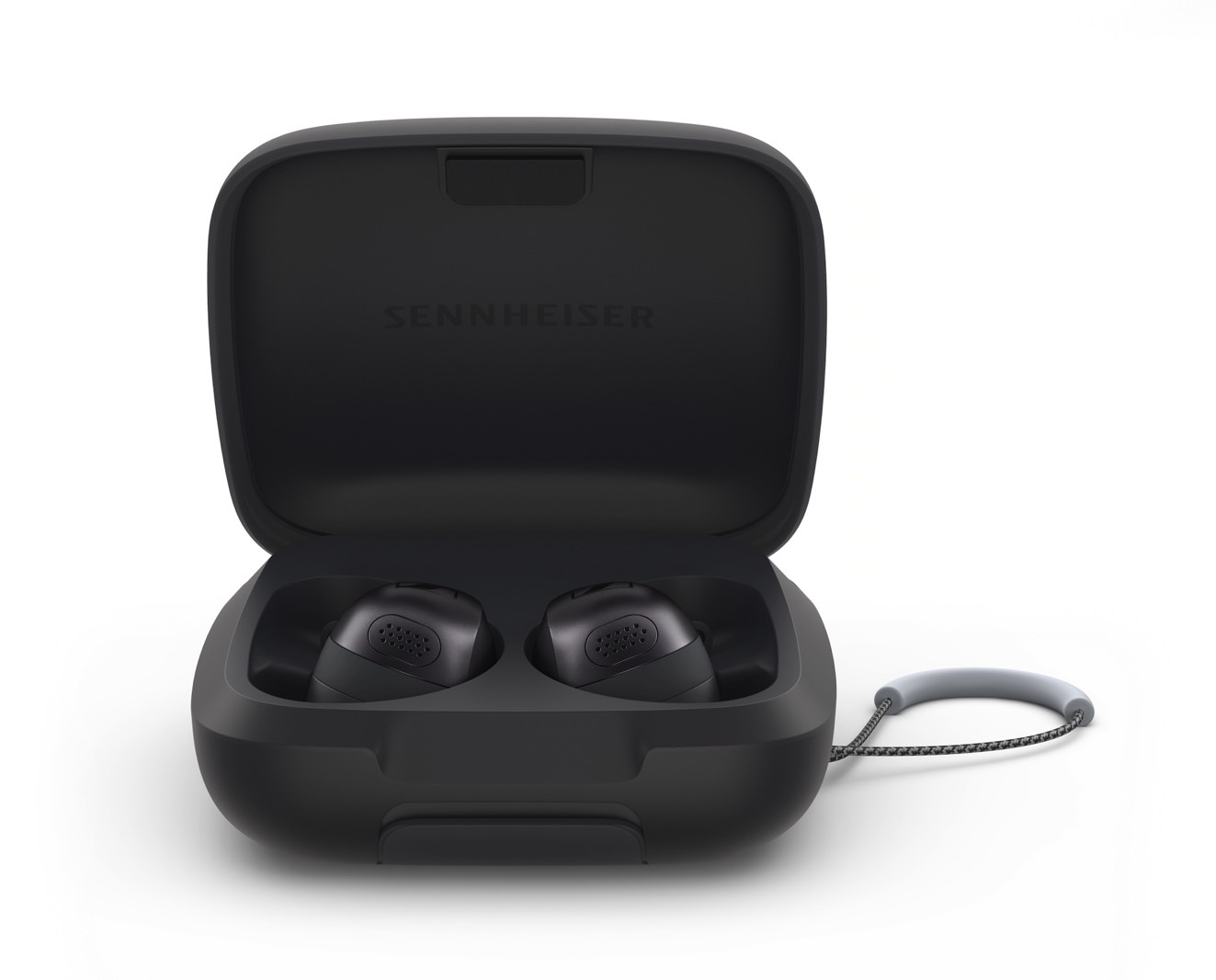 Sennheiser Momentum Sport case and earbuds in Metallic Graphite