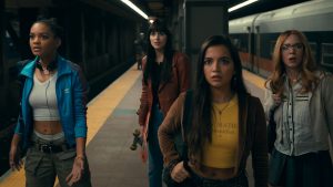 Sony Mattie Franklin (Celeste O’Connor), Cassandra Webb (Dakota Johnson), Anya Corazon (Isabela Merced), and Julia Cornwall (Sydney Sweeney) in Madame Web.