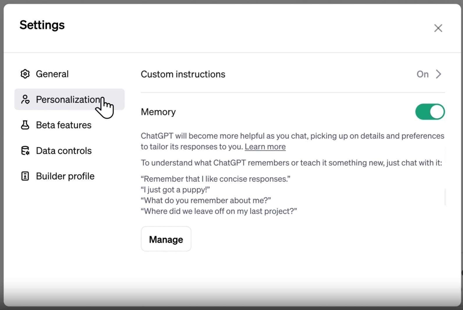 The new Personalization menu contain Memory settings for ChatGPT.