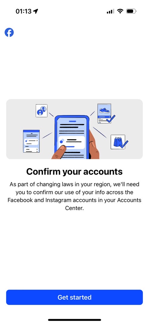 A splash screen will take over your Facebook app, prompting you to confirm your accounts.