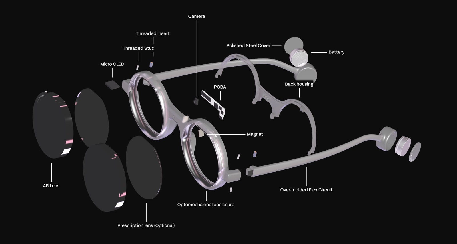 A look at the various components inside the Frame AI glasses.