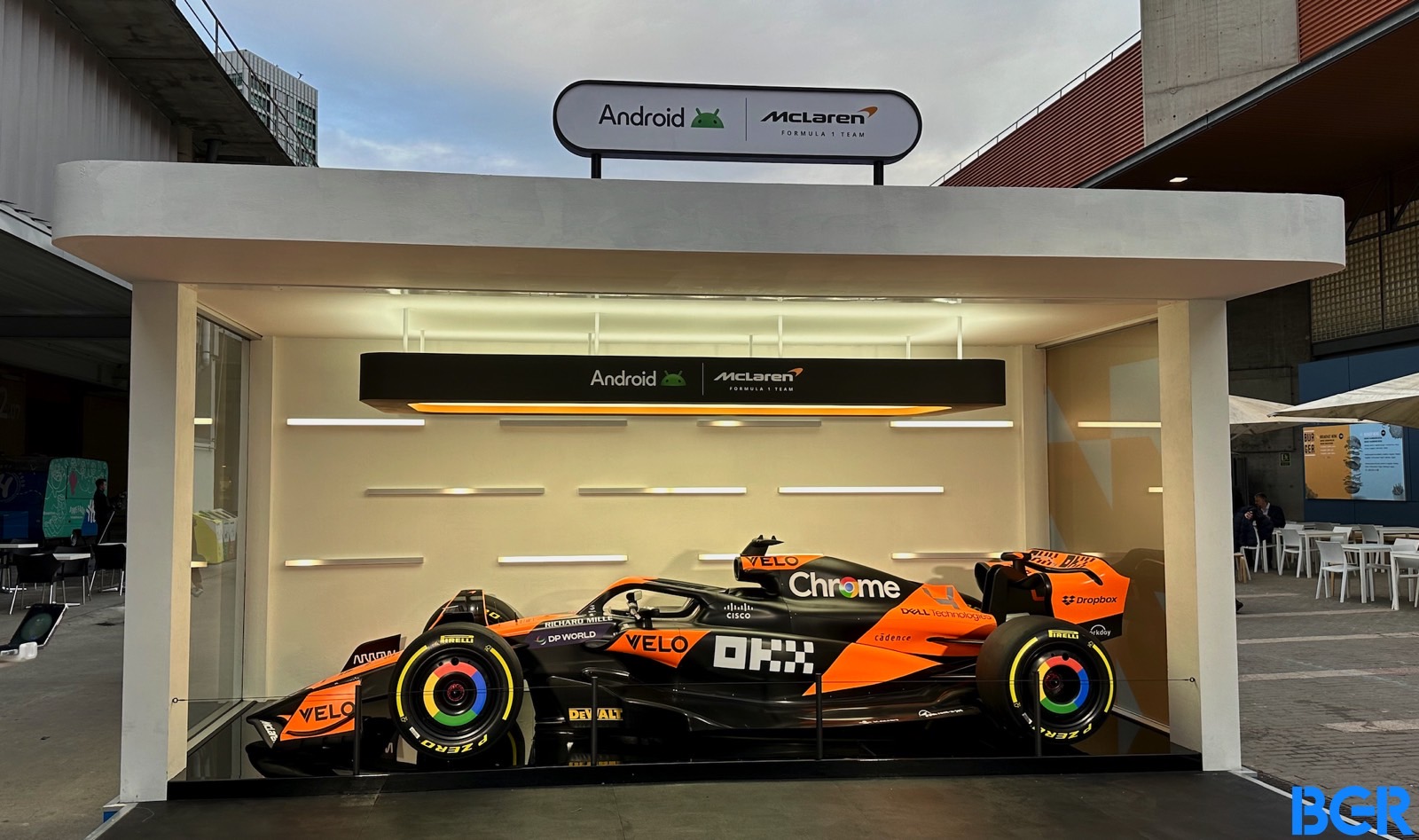 McLaren's F1 race car parked inside Google's MWC booth.