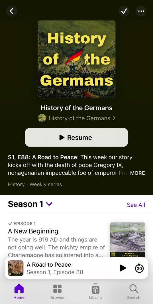 Podcast Histoire des Allemands diffusé sur mon iPhone.