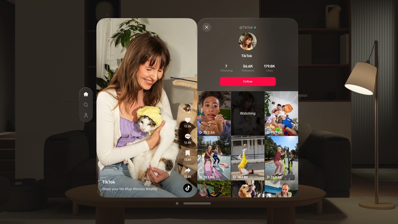 Creator profiles and the comments section open next to the TikTok video you're playing on the Vision Pro.