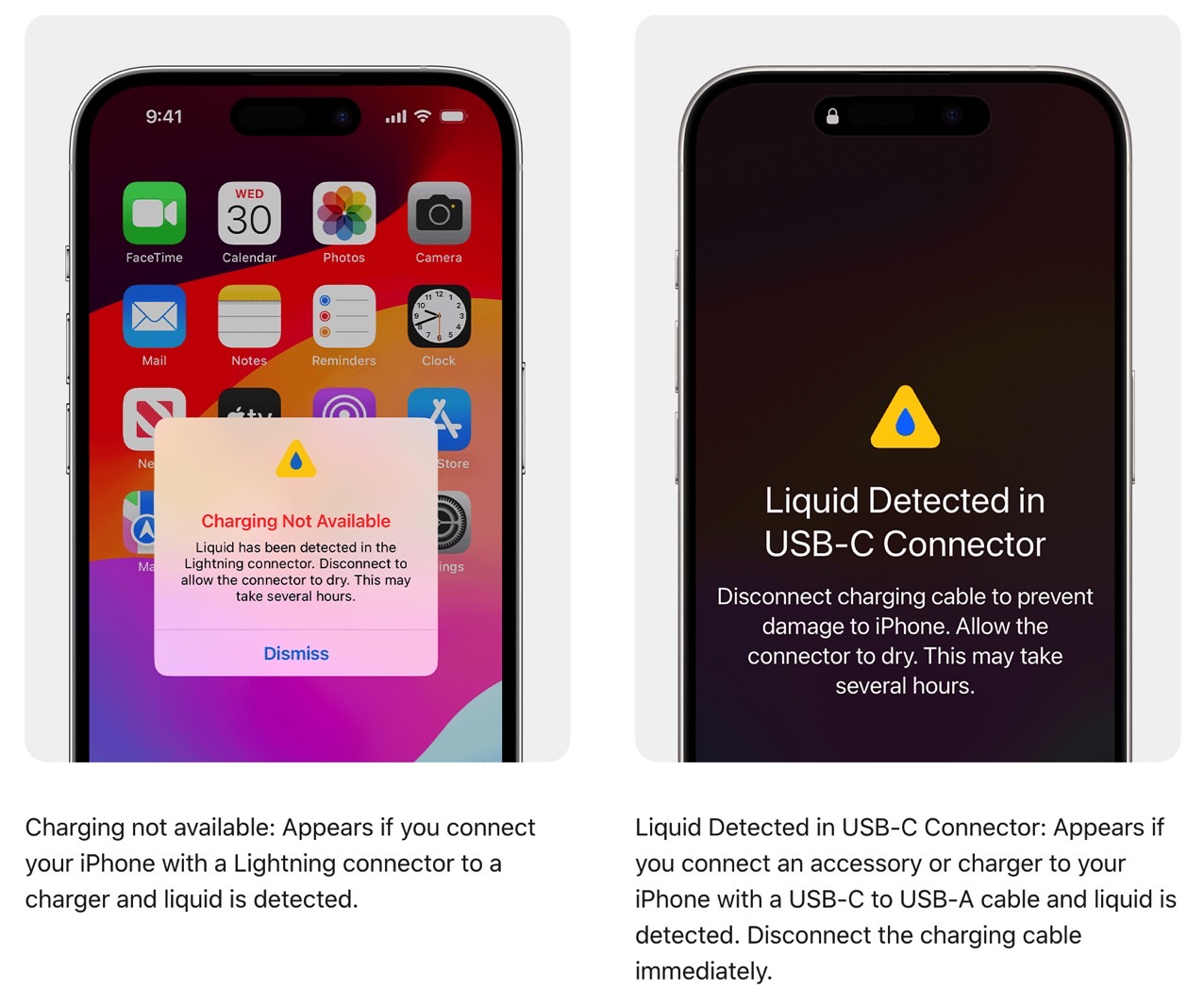 Apple offers these warning examples for wet iPhone connectors.