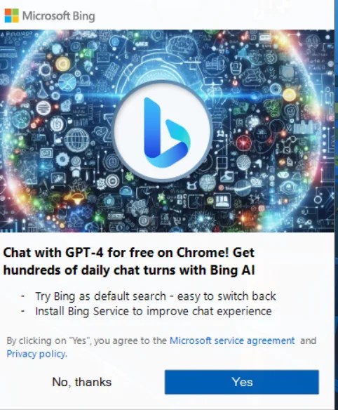 Microsoft's Bing ad spam for Chrome users.