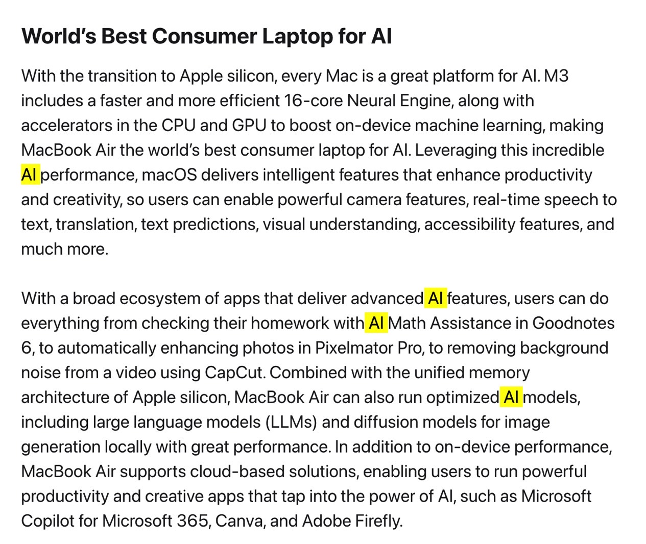 A screenshot showing an AI-centric section of Apple's M3 MacBook Air announcement.