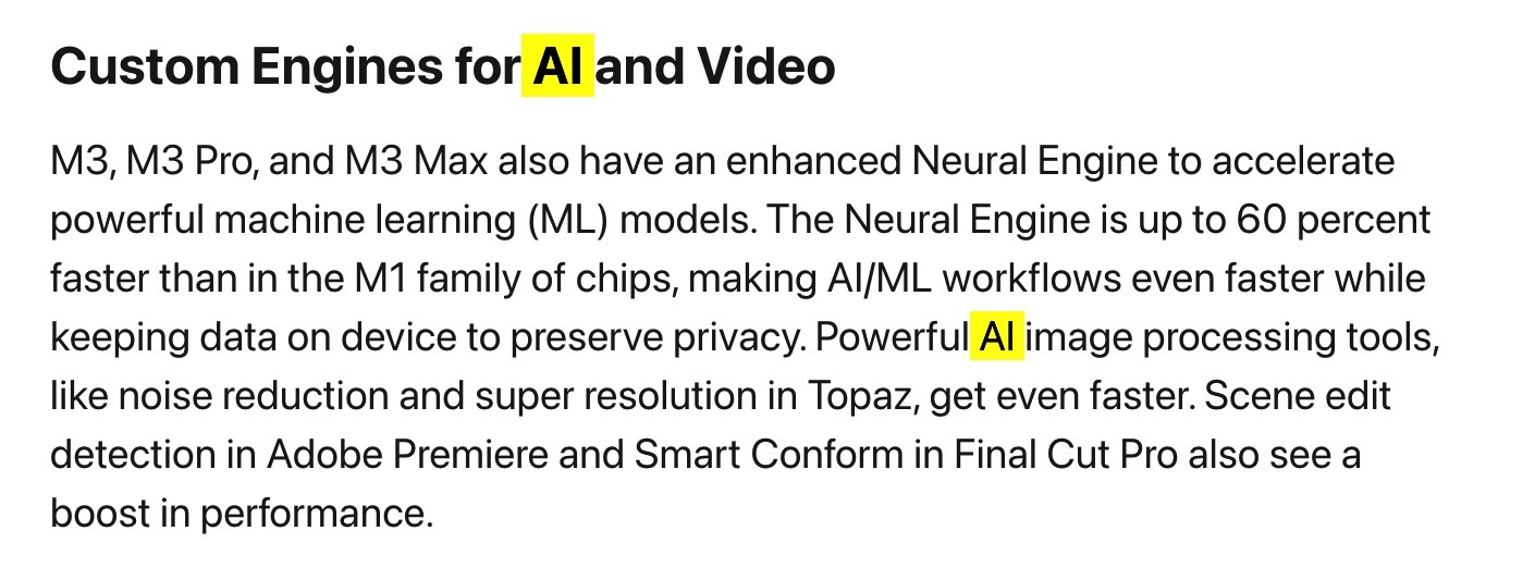 A screenshot showing an AI-centric section of Apple's M3 chip announcement.