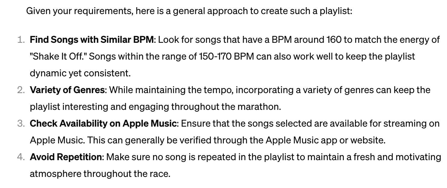 ChatGPT explained how it would generate a playlist based on my prompt.