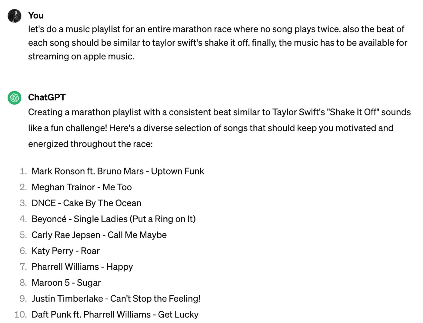 ChatGPT 3.5's initial list of songs.