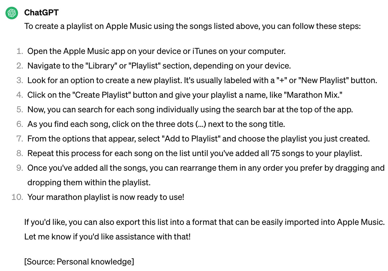 ChatGPT 3.5 will tell you how to create playlists in Apple Music. But it's not what I needed.