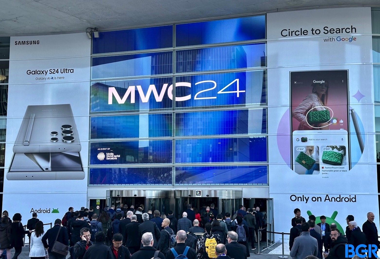 Galaxy S24 signage dominating the MWC 2024 entrance.