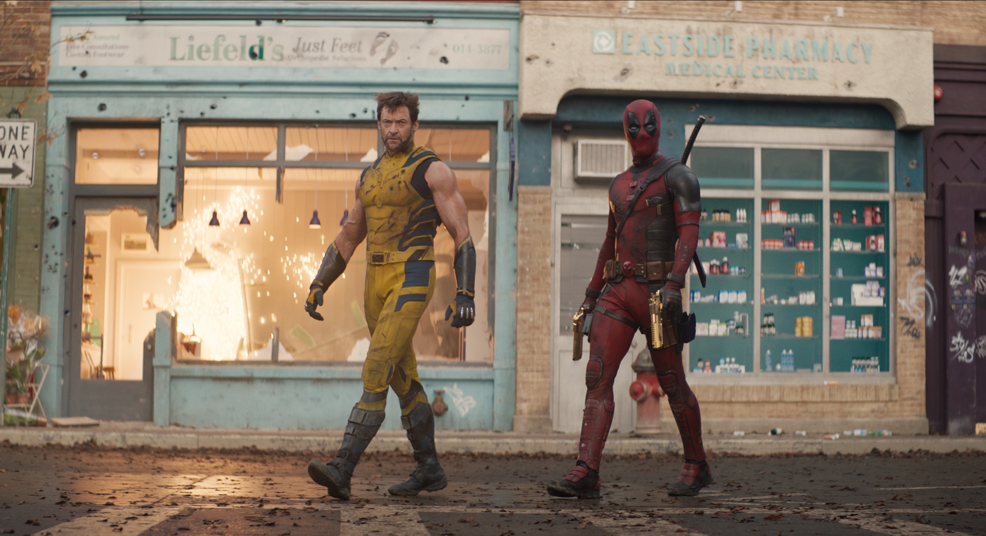 Hugh Jackman as Logan and Ryan Reynolds as Wade Wilson in Deadpool & Wolverine.
