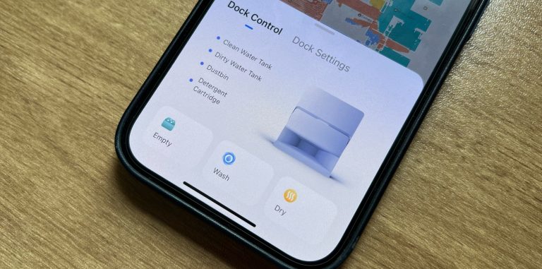 The Roborock app showing the dock settings for the S8 MaxV Ultra robot vacuum