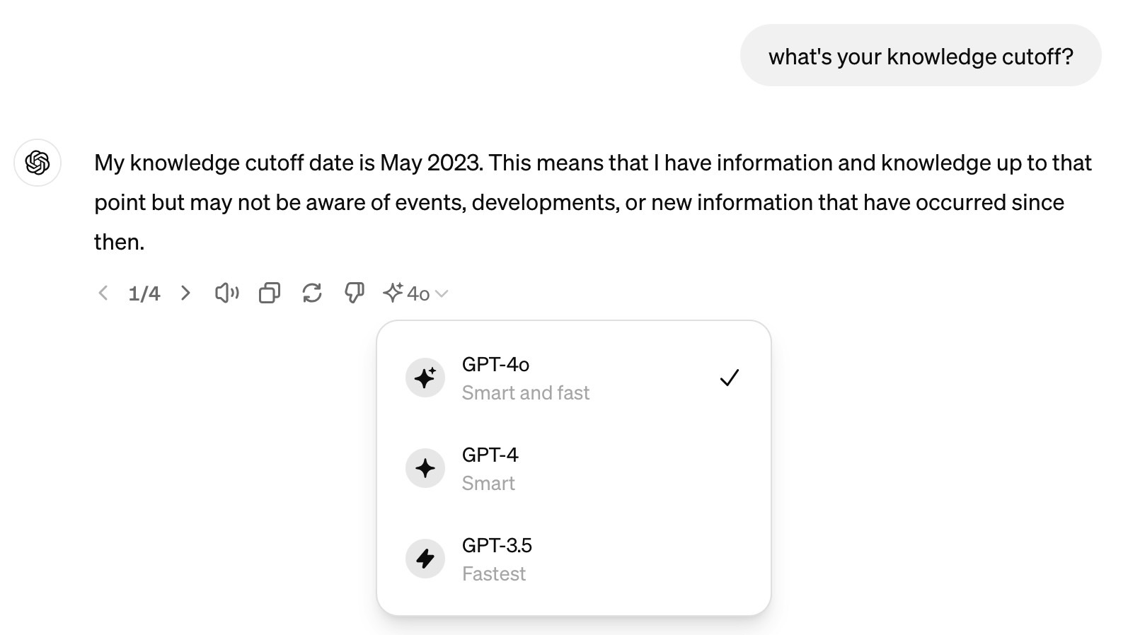 ChatGPT can generate responses for the same prompt using any of the three models.