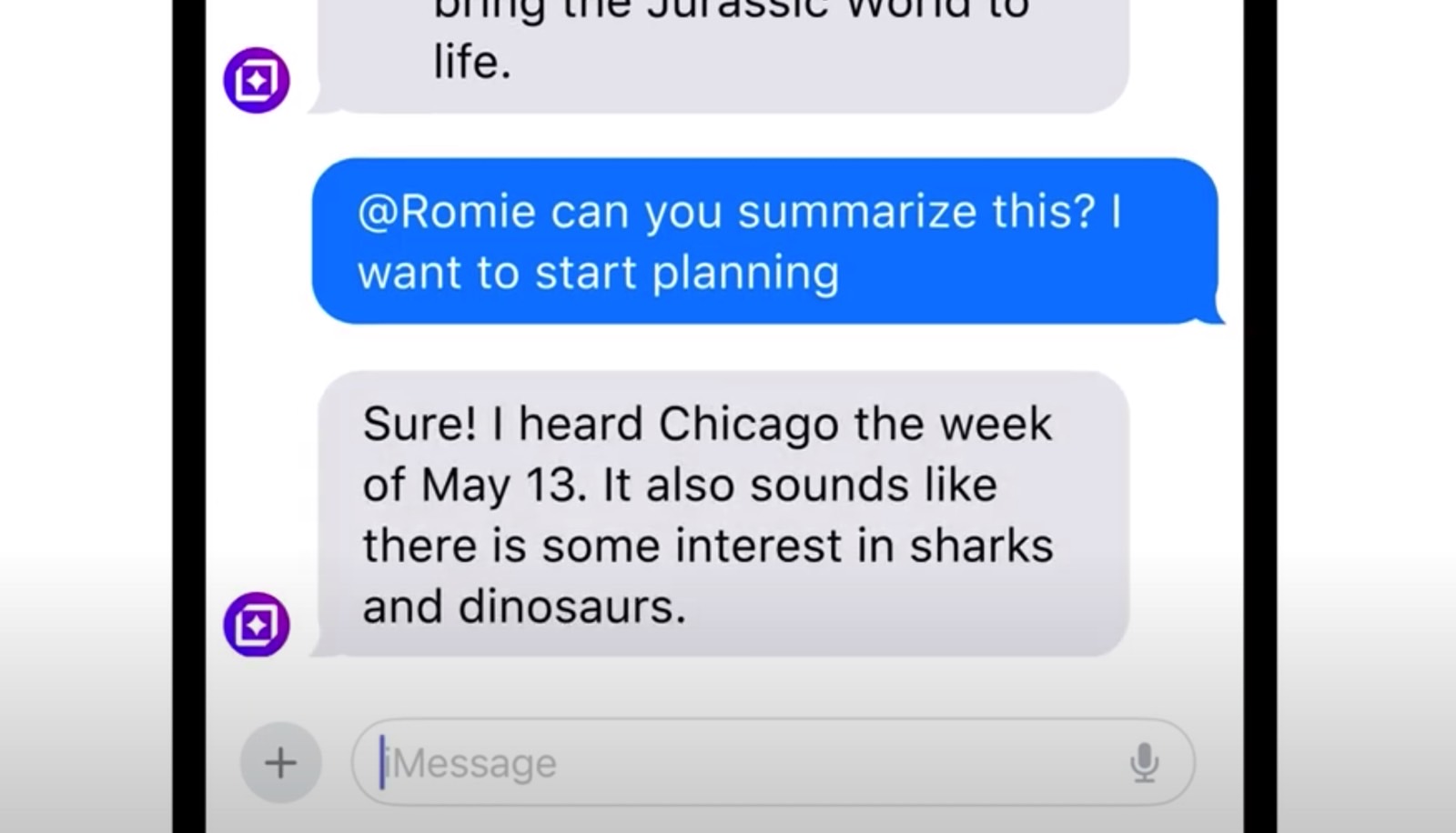 Talking to Romie in an iMessage group chat.
