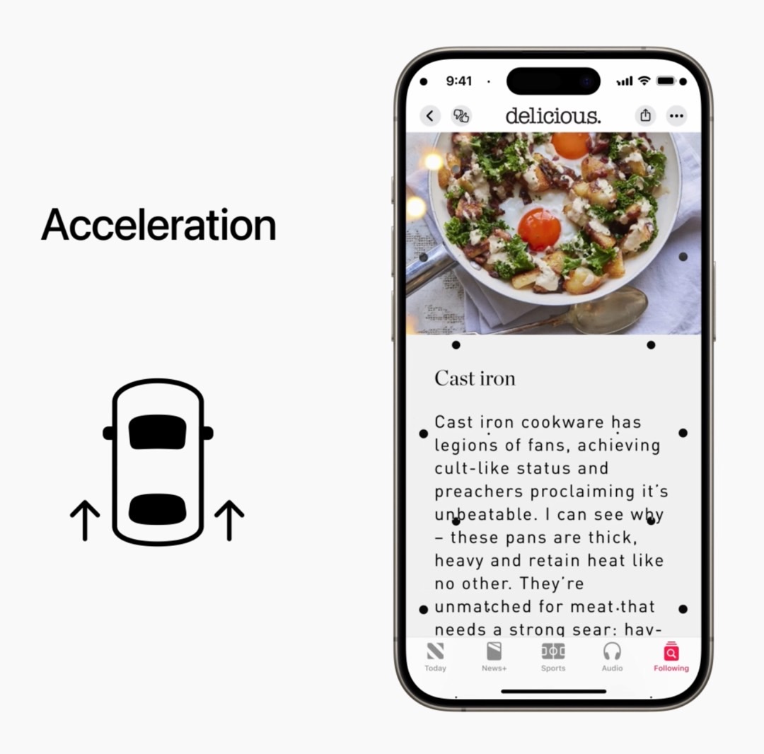 العرض التوضيحي لـ iOS 18 Vehicle Motion Cues: تتحرك النقاط الموجودة على الشاشة للخلف بينما تتحرك السيارة للأمام.