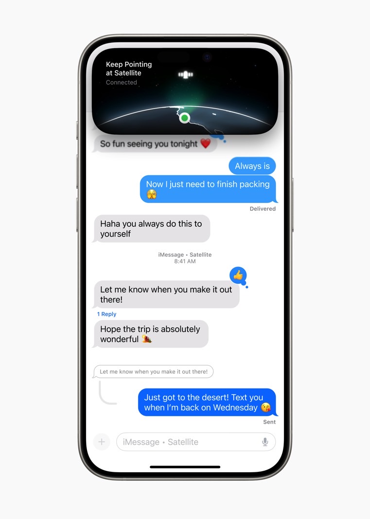 iOS 18: The Messages app supports satellite texting via iMessage and SMS.