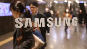 The Samsung logo is seen at the Samsung company office on February 05, 2024 in Seoul, South Korea.