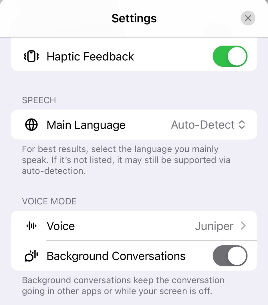 ChatGPT's new Background Conversations setting is enabled on my iPhone.