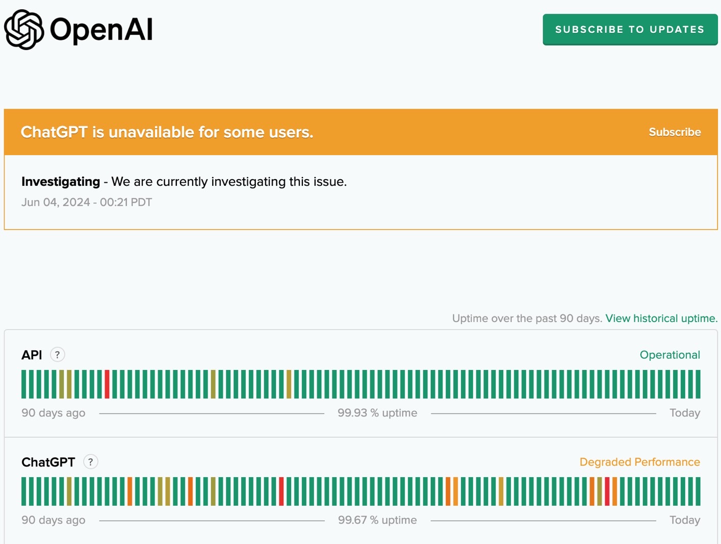 ChatGPT went down early on Tuesday morning (June 4th), according to OpenAI's status page.